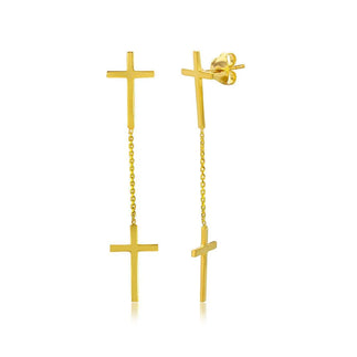 925 Silver Gold Plated Double Hanging Cross Earrings
