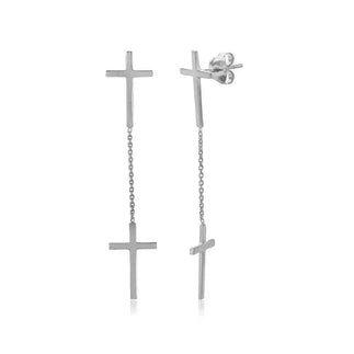 925 Sterling Silver Rhodium Plated Double Hanging Cross Earrings