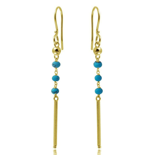 925 Sterling Silver Gold Plated Dangling 3 Turquoise Bead with Matte Gold Bar Earrings