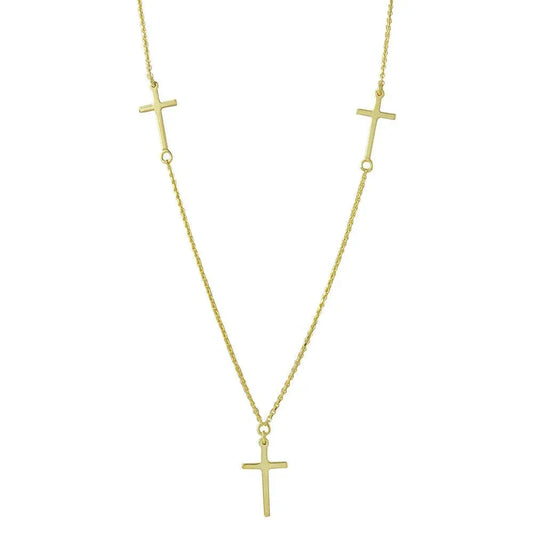 925 Sterling Silver Gold Plated 3 Crosses Necklace