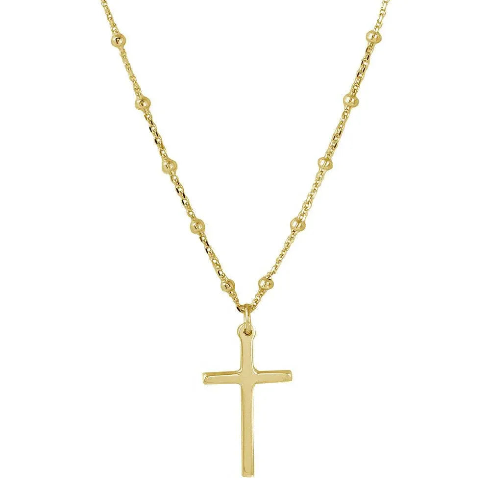 925 Sterling Silver Gold Plated Cross Pendant with Beaded Chain