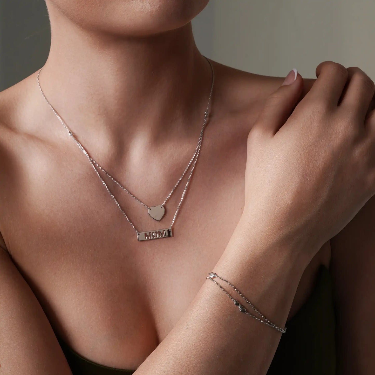 925 Sterling Silver Rhodium Plated Double Chain Heart and "Mom" Pendant Necklace