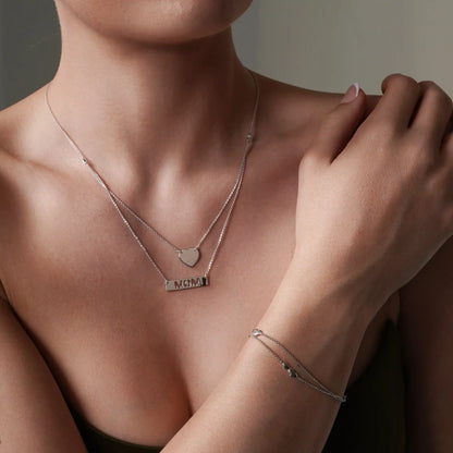 925 Sterling Silver Rhodium Plated Double Chain Heart and "Mom" Pendant Necklace