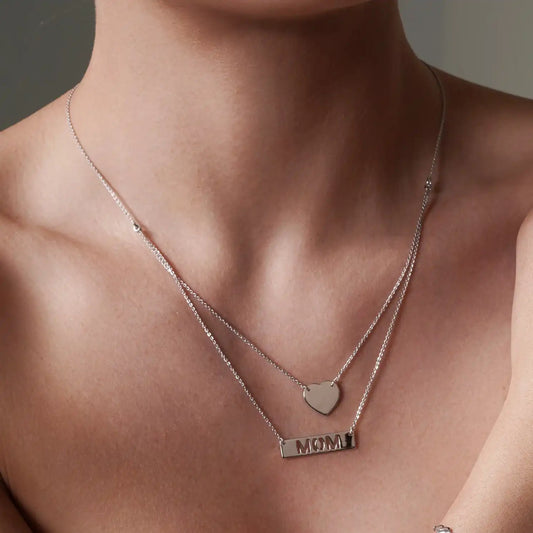 925 Sterling Silver Rhodium Plated Double Chain Heart and "Mom" Pendant Necklace