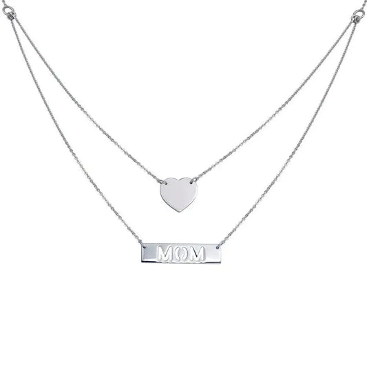 925 Sterling Silver Rhodium Plated Double Chain Heart and "Mom" Pendant Necklace