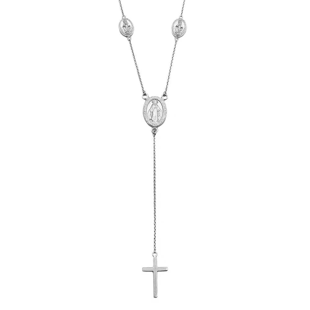 925 Sterling Silver Rhodium Plated Religious Charms Necklace with Cross Drop