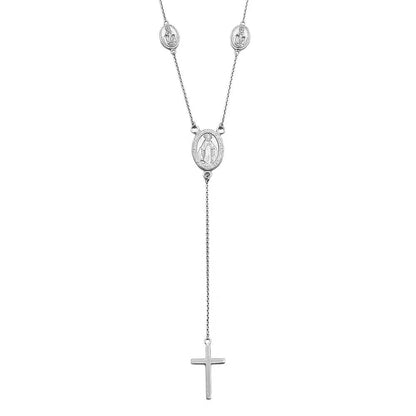 925 Sterling Silver Rhodium Plated Religious Charms Necklace with Cross Drop