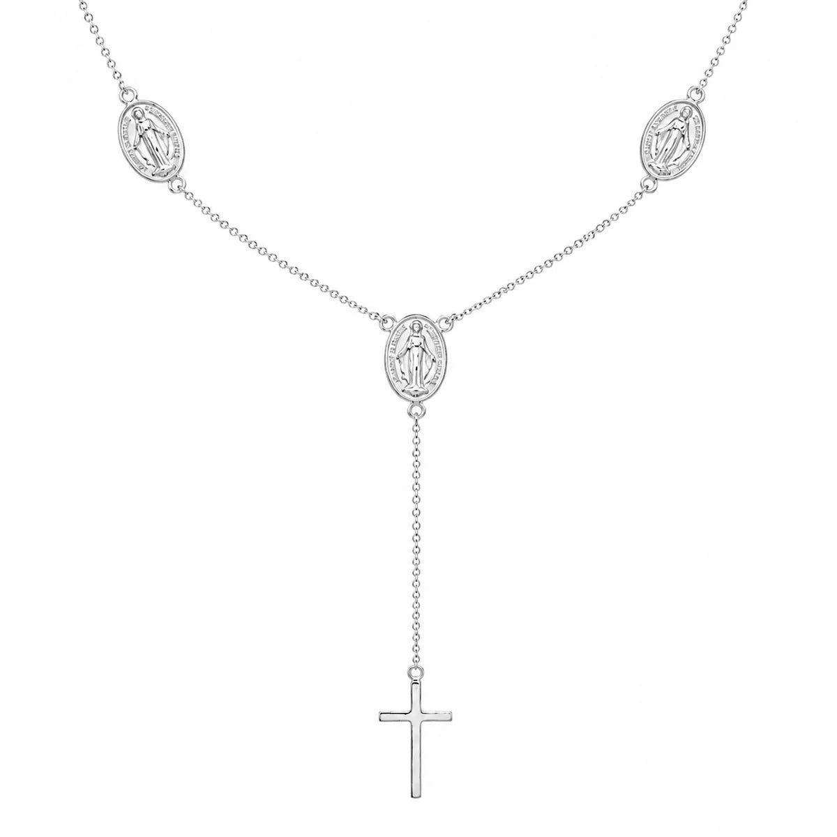 925 Sterling Silver Rhodium Plated Religious Charms Necklace with Cross Drop