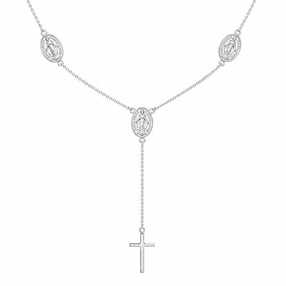925 Sterling Silver Rhodium Plated Religious Charms Necklace with Cross Drop