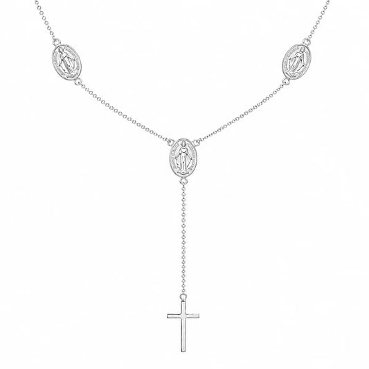 925 Sterling Silver Rhodium Plated Religious Charms Necklace with Cross Drop