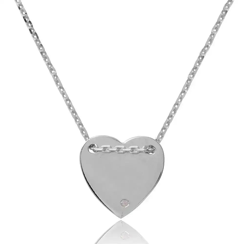 925 Sterling Silver Rhodium Plated Engravable Heart Shaped Necklace with CZ