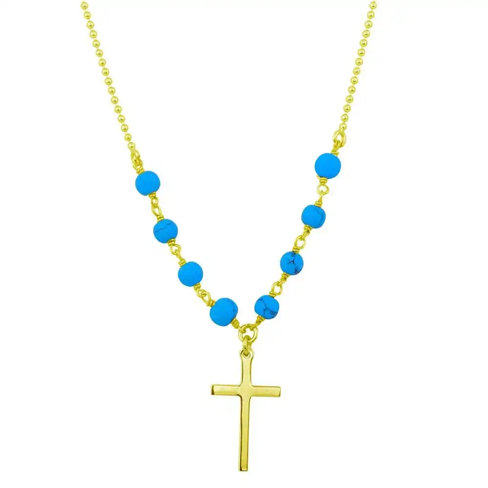 925 Sterling Silver Gold Plated Small Cross Necklace with Turquoise Beads