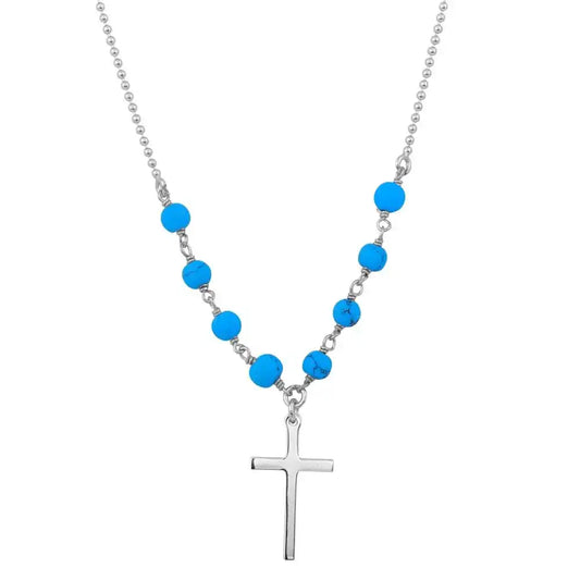 925 Sterling Silver Rhodium Plated Small Cross Necklace with Turquoise Beads