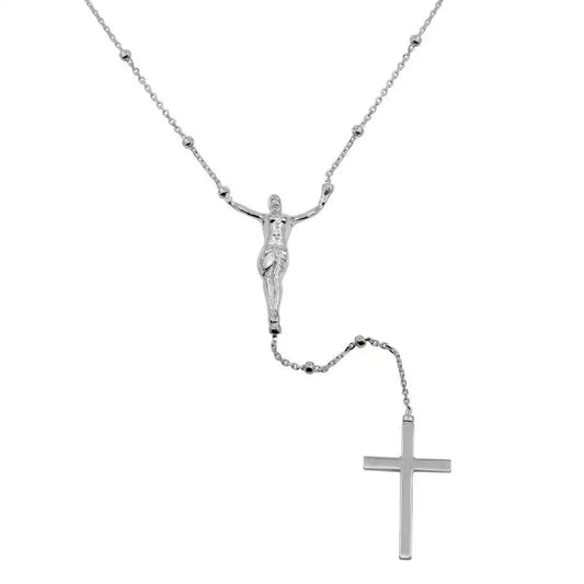 925 Sterling Silver Rhodium Plated Crucifix Rosary Necklace