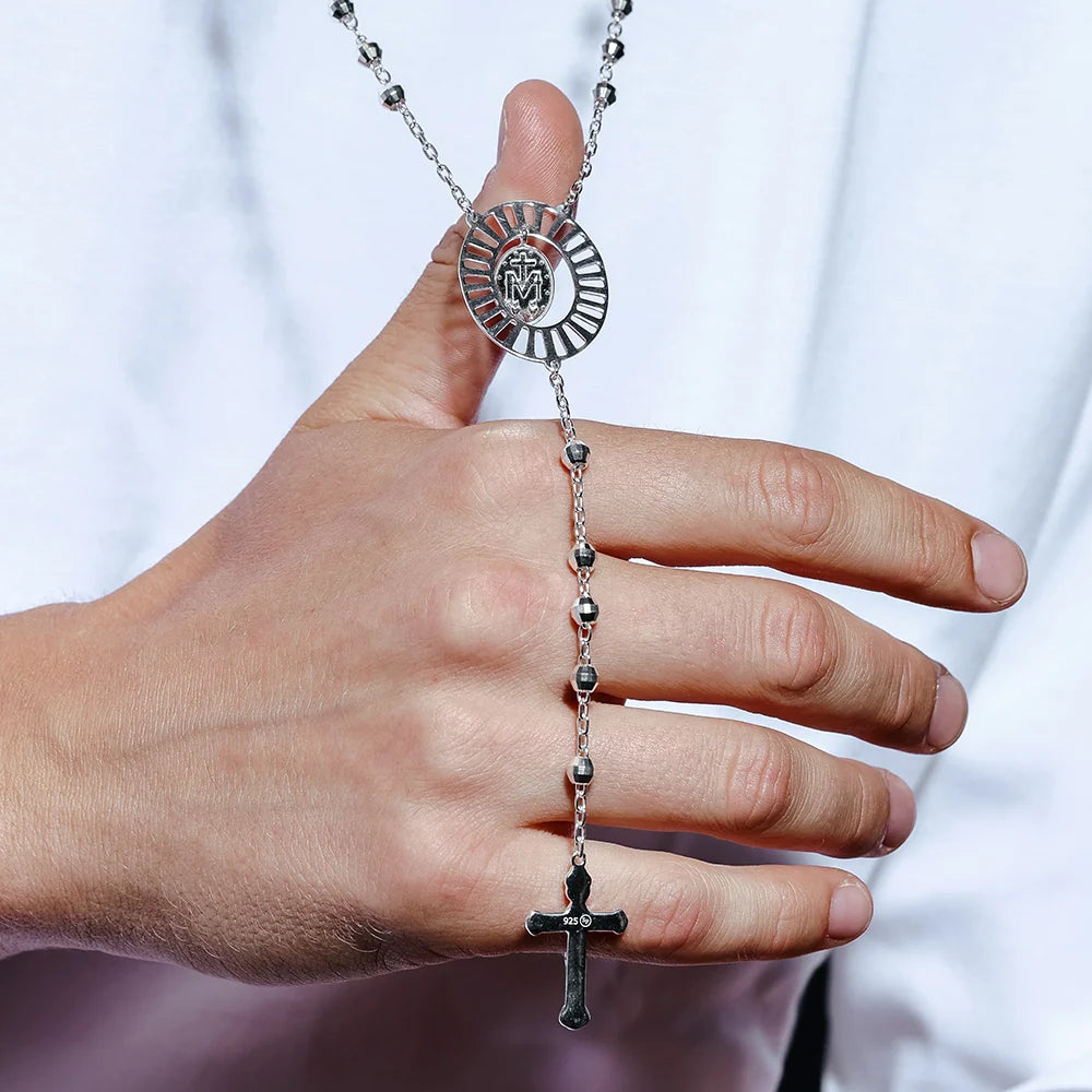 925 Sterling Silver High Polished Diamond Cut Beads Virgin Mary Cross Rosary Necklace