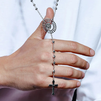 925 Sterling Silver High Polished Diamond Cut Beads Virgin Mary Cross Rosary Necklace