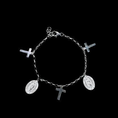 925 Sterling Silver High Polished Guadalupe and Cross Adjustable Bracelet
