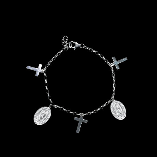 925 Sterling Silver High Polished Guadalupe and Cross Adjustable Bracelet