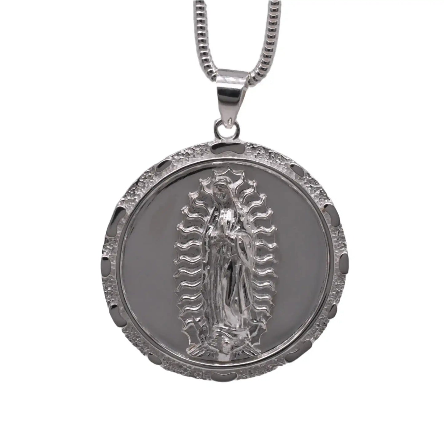 925 Sterling Silver High Polished Anti Tarnish 31.7mm Round Our Lady of Guadalupe Pendant