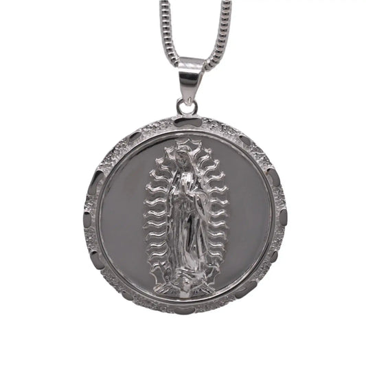 925 Sterling Silver High Polished Anti Tarnish 31.7mm Round Our Lady of Guadalupe Pendant