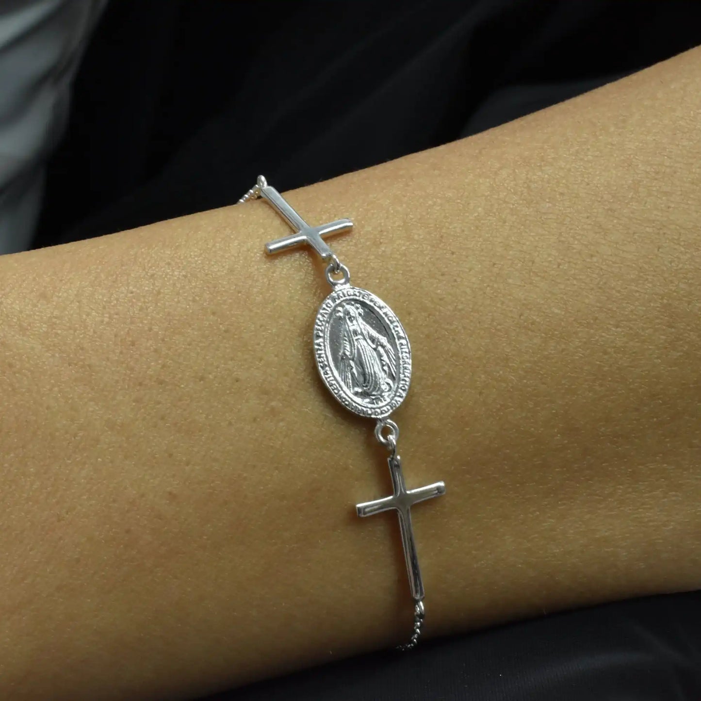 925 Sterling Silver High Polished Maria Concepita Miraculous Medaland Cross Adjustable Bracelet