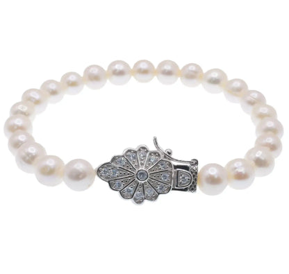 925 Sterling Silver Rhodium Plated Flower CZ Fresh Water Pearl Bracelet