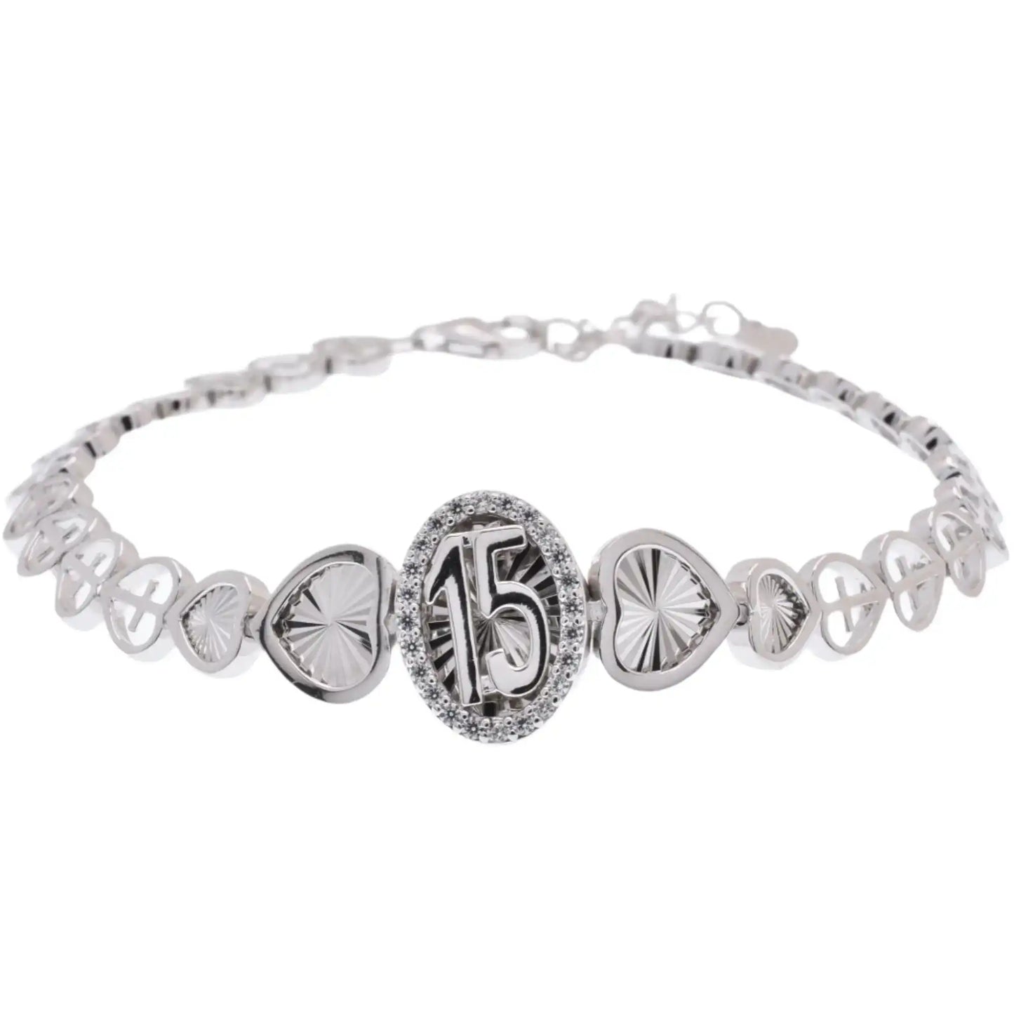 925 Sterling Silver Rhodium Plated 6.9mm Quinceañera Clear CZ Diamond Cut Heart Cross Chain Adjustable Bracelet