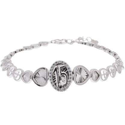 925 Sterling Silver Rhodium Plated 6.9mm Quinceañera Clear CZ Diamond Cut Heart Cross Chain Adjustable Bracelet