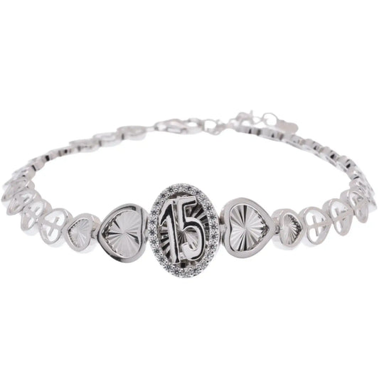 925 Sterling Silver Rhodium Plated 6.9mm Quinceañera Clear CZ Diamond Cut Heart Cross Chain Adjustable Bracelet