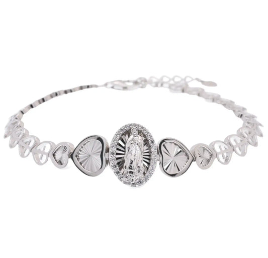 925 Sterling Silver Rhodium Plated 6.9mm Our Lady of Guadalupe Clear CZ Diamond Cut Heart Cross Chain Adjustable Bracelet