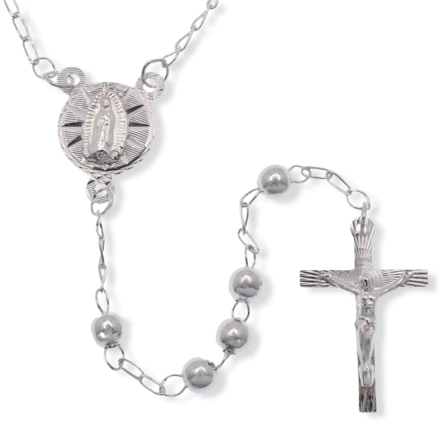 925 Sterling Silver High Polished 3mm Smooth Bead Diamond Cut 10.5mm x 18mm Cross Rosary