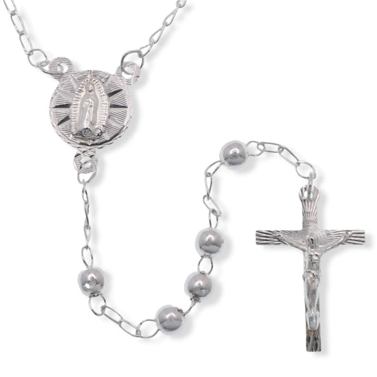 925 Sterling Silver High Polished 3mm Smooth Bead Diamond Cut 10.5mm x 18mm Cross Rosary