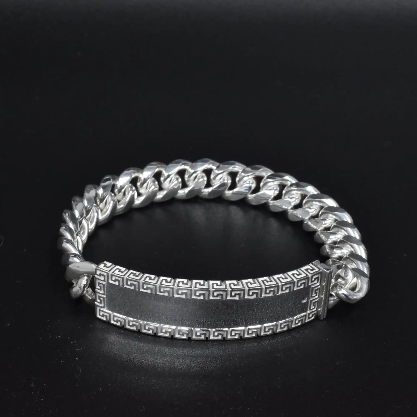 925 Sterling Silver Cuban 10.5mm Greek Key ID Bracelet