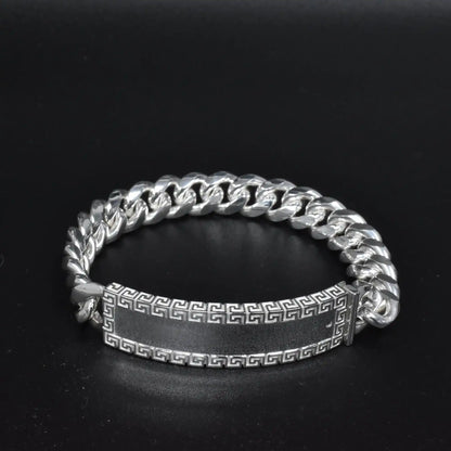 925 Sterling Silver Cuban 10.5mm Greek Key ID Bracelet