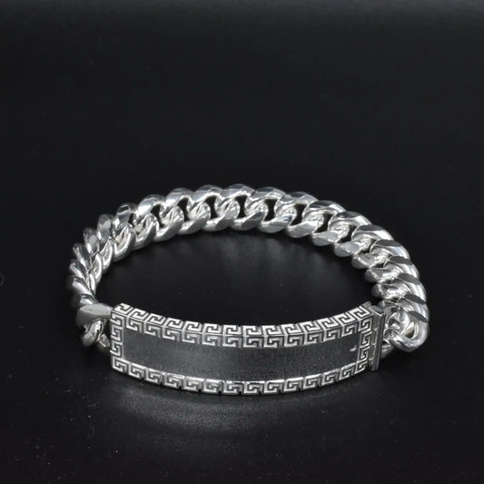 925 Sterling Silver Cuban 10.5mm Greek Key ID Bracelet