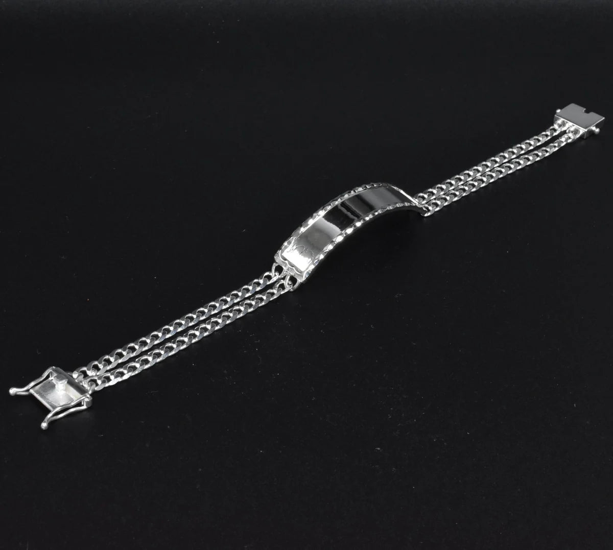 925 Sterling Silver Two Strand Curb 9.2mm Textured Border ID Bracelet