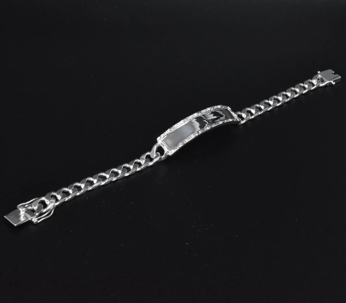 925 Sterling Silver Curb 7.8mm Textured Border ID Bracelet
