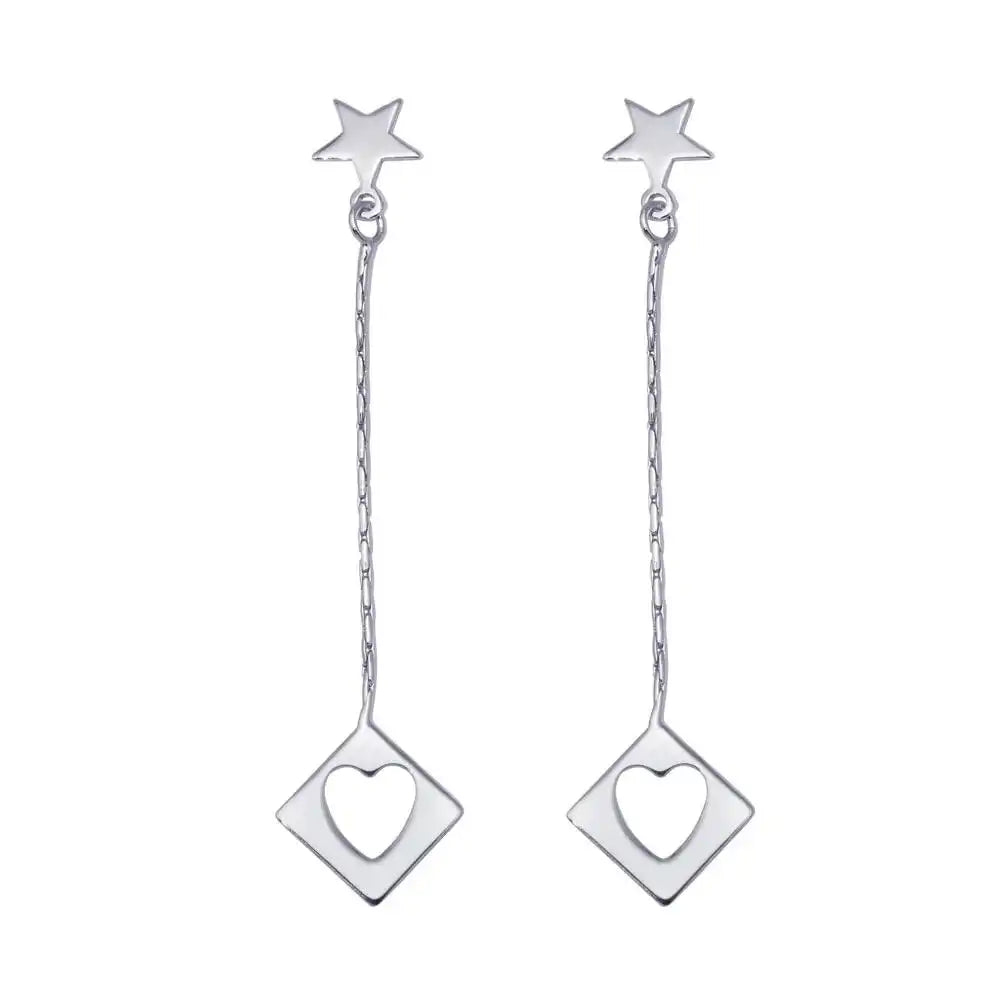 925 Sterling Silver Rhodium Plated Wired Dangling Square Open Heart Stud Earrings