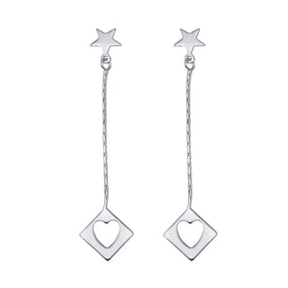 925 Sterling Silver Rhodium Plated Wired Dangling Square Open Heart Stud Earrings