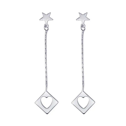 925 Sterling Silver Rhodium Plated Wired Dangling Square Open Heart Stud Earrings