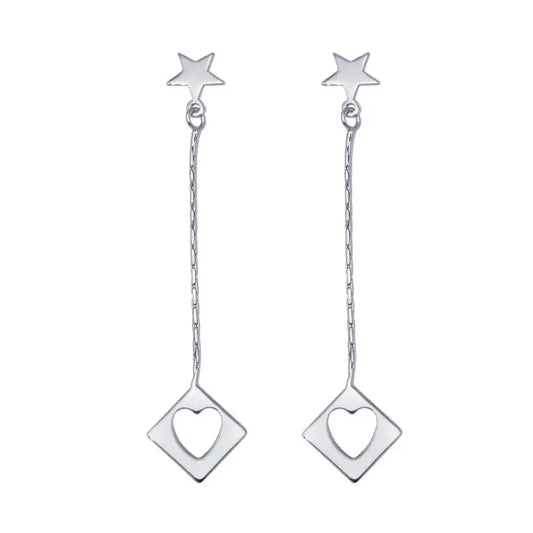 925 Sterling Silver Rhodium Plated Wired Dangling Square Open Heart Stud Earrings