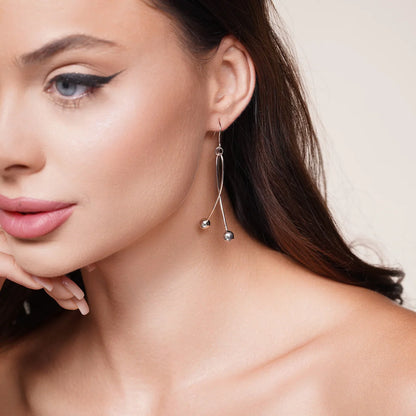 925 Silver Rhodium Plated Twisted Dangling Two Hanging Balls Hook Earrings