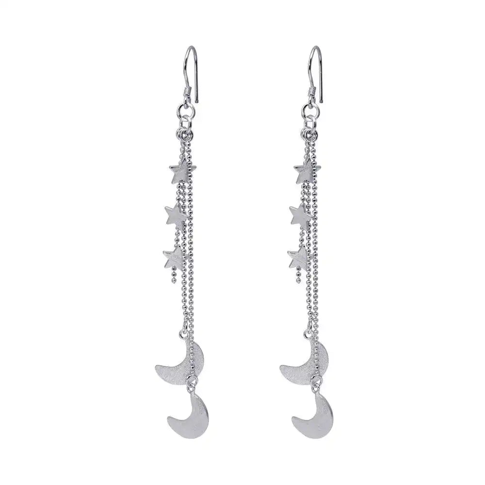 925 Sterling SilverRhodium Plated Wire Dangling Star and Crescent Moon Hook Earrings