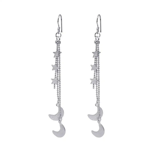 925 Sterling SilverRhodium Plated Wire Dangling Star and Crescent Moon Hook Earrings