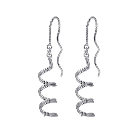 925 Sterling Silver Rhodium Plated Spiral Dangling Hook Earrings