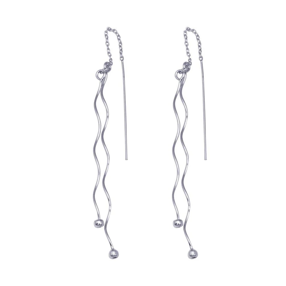 925 Silver Rhodium Plated Two Twisted Wire Threaded Hanging Ball Hook Earrings