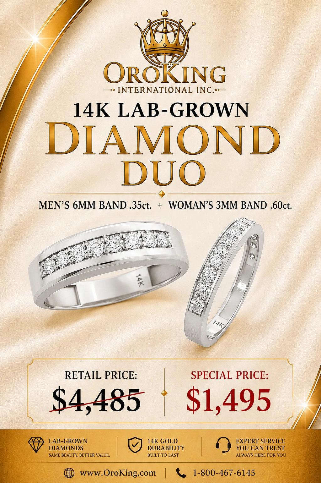 His 6mm and Her 3mm14K White Gold Lab-Grown Diamond Wedding Band Two-Piece Set .95ct. TDW