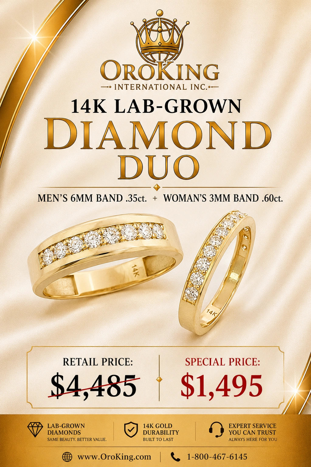 His 6mm and Her 3mm14K White Gold Lab-Grown Diamond Wedding Band Two-Piece Set .95ct. TDW