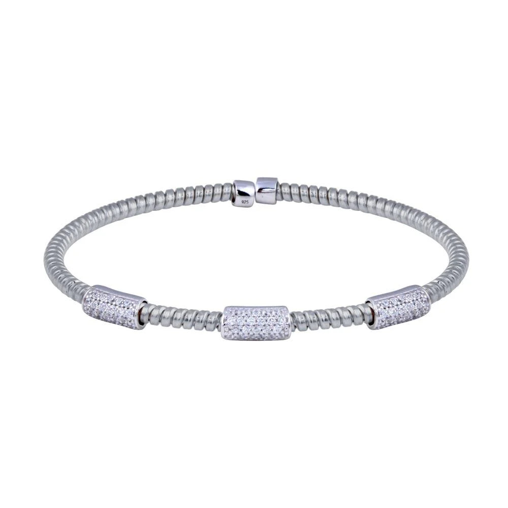 925 Sterling Silver Rhodium Plated Bar CZ Cuff Bracelet