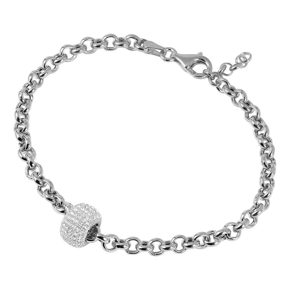 925 Silver Rhodium Plated Rolo Bracelet with Micro Pave Center Bead